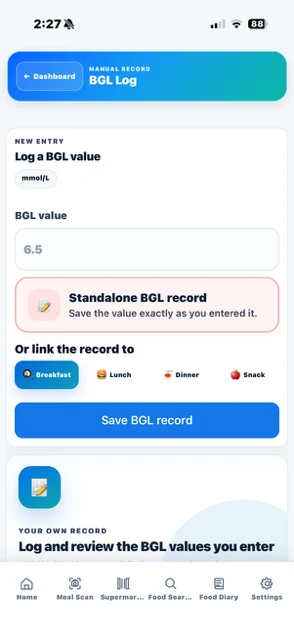 Actual manual BGL value entry with standalone and meal-linked options