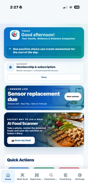 Current CarbCheckBuddy Diabetes home screen showing Today, membership and Sensor Life replacement countdown