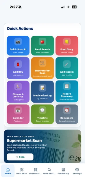 Real diabetes Quick Actions grid featuring Add BGL and Add insulin