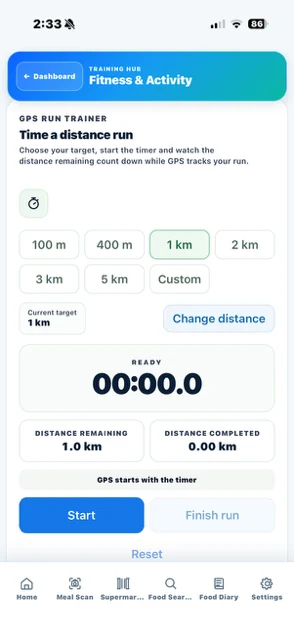 Current Fitness and Activity GPS distance run timer screen