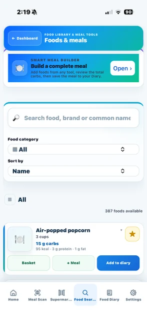 Current Foods and meals screen showing food search and results