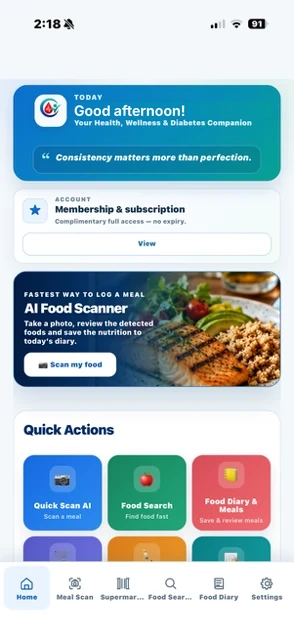 Current CarbCheckBuddy General wellness home screen showing Today, scanner and membership