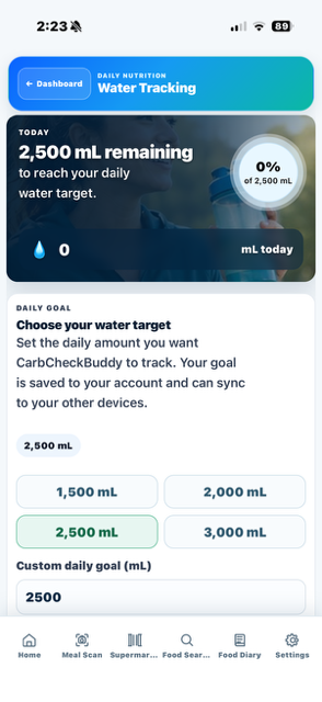 Real CarbCheckBuddy Water Tracking screen with daily target settings